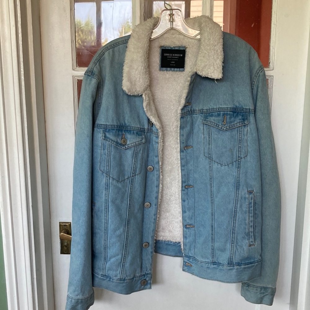Light blue, lined, denim jacket. Size large.